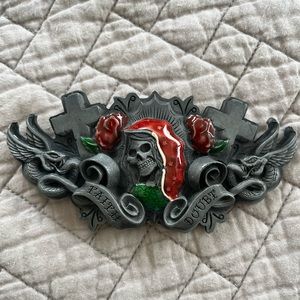 Lucky 13 enamel belt buckle with bottle opener on back